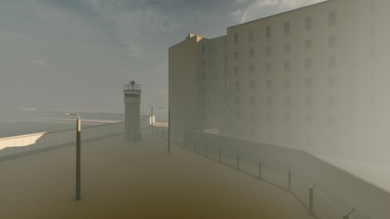 old prison in the fog 3d rendering