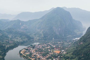 Fototapeta na wymiar Panoramic view over Nam Ou river close to Nong Khiaw village, Laos