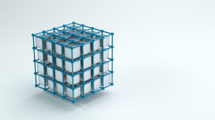 cube grid with different sized colorful boxes symbolizing data in a storage system