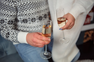 Celebration. Hands holding the glasses of champagne and wine making a toast. The party, wedding, celebration, alcohol, lifestyle, friendship, holiday, christmas, new, year and clinking concept.