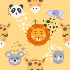 Seamless pattern with rhinoceros, elephant, crocodile. Creative bay animals background.