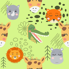 Seamless pattern with rhinoceros, elephant, crocodile. Creative bay animals background.