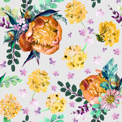 Watercolor bright flowers. Seamless pattern. Design for textile, fabric, wallpaper, wallpaper, background, covers, packaging and wrapping paper.