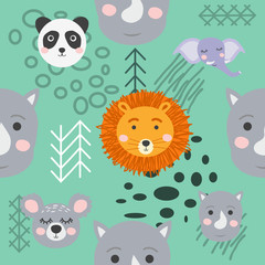 Seamless pattern with rhinoceros, elephant, crocodile. Creative bay animals background.