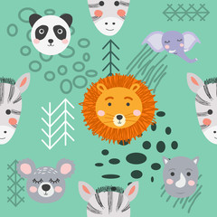 Seamless pattern with rhinoceros, elephant, crocodile. Creative bay animals background.