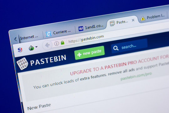 Ryazan, Russia - May 08, 2018: Pastebin website on the display of PC, url - Pastebin.com.