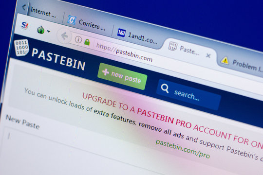 Ryazan, Russia - May 08, 2018: Pastebin website on the display of PC, url - Pastebin.com.