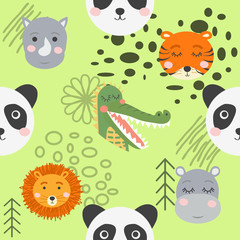 Seamless pattern with rhinoceros, elephant, crocodile. Creative bay animals background.