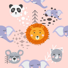 Seamless pattern with rhinoceros, elephant, crocodile. Creative bay animals background.