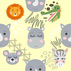 Seamless pattern with rhinoceros, elephant, crocodile. Creative bay animals background.