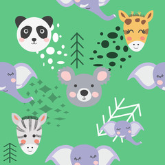 Seamless pattern with rhinoceros, elephant, crocodile. Creative bay animals background.