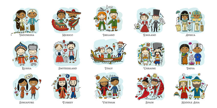Couple in love, national costume. People in different countries, cards collection for your design