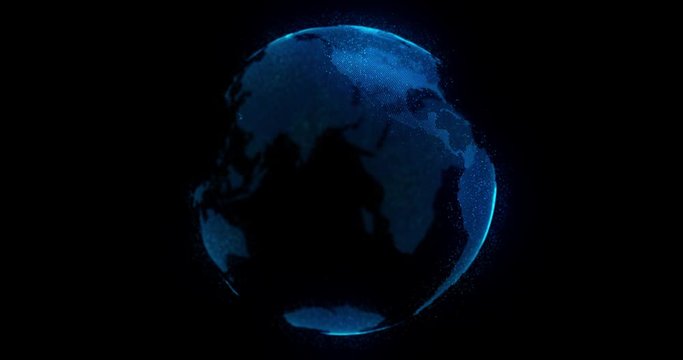 Earth globe rotation animation with glowing dot particles for abstract technology concept as internet of things (IoT), big data science, isolated on black background, 4k 60 fps seamless loop footage