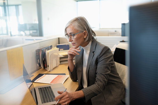 Focused senior businesswoman working at laptop in office cubicle