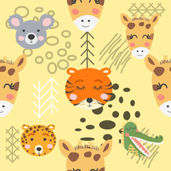 Cute hand drawn nursery seamless pattern with wild animals in scandinavian style