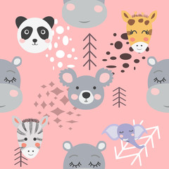 Cute hand drawn nursery seamless pattern with wild animals in scandinavian style