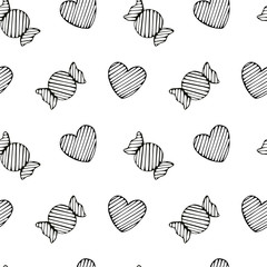 Hand Drawn Black Lined Things Seamless Pattern. Stylized Heart and Sweet Candy Isolated on White Background.