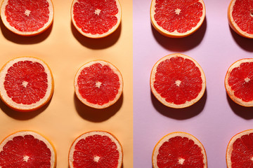 Obraz na płótnie Canvas Flat lay composition with tasty ripe grapefruit slices on color background