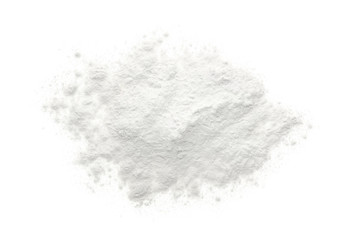 Pile of organic flour isolated on white, top view - obrazy, fototapety, plakaty
