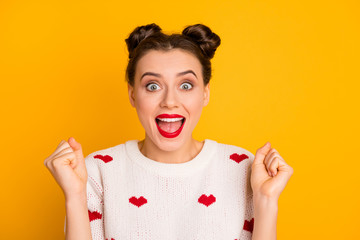 I will go. Closeup photo of beautiful lady raise fists celebrating invitation romantic date...