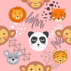 Seamless childish pattern with cute animal faces. Creative nursery background