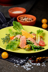 Cold salmon salad with green leaves, cucumber, avocado, lime and tomato on black stone background. Top view with copy space. Rustic style.