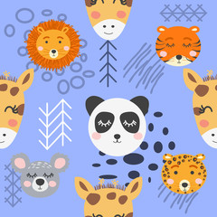 Seamless childish pattern with cute animal faces. Creative nursery background