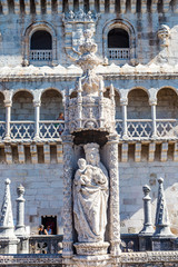 Sculpture of the virgin Mary and her child in the courtyard of the Belem Tower in Lisbon