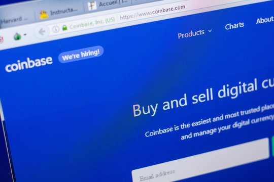 Ryazan, Russia - May 08, 2018: CoinBase website on the display of PC, url - CoinBase.com.