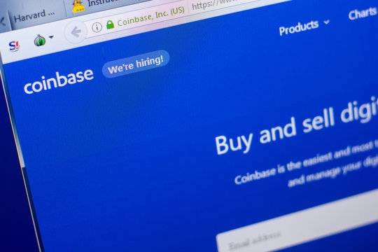 Ryazan, Russia - May 08, 2018: CoinBase website on the display of PC, url - CoinBase.com.
