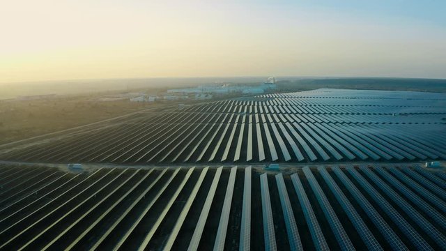 Top view of a solar power station, renewable energy, solar panels.