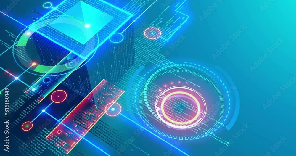 Poster Fintech Digital abstract background. Computing cyberspace, moving data matrix. Cube consists of digits. Internet banking software future concept. Blockchain cryptocurrency technology. 3d rendering.