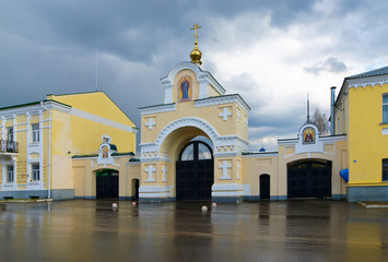 Kaluga, Russia-April 27, 2018: Uspensky monastery of Tikhonov Pustin, Kaluga. Northern gate of the monastery in the village of Leo Tolstoy