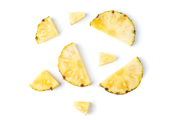 .Pineapple fly sliced piece collection set. .Set of pineapple Fruit food on white isolated .Clipping path.