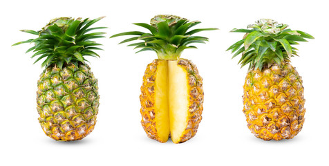 .Pineapple full size sliced piece collection set. .Set of pineapple Fruit food on white isolated .Clipping path.