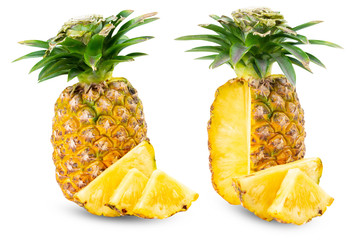 .Pineapple full size sliced piece collection set. .Set of pineapple Fruit food on white isolated .Clipping path.
