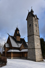 Fototapeta na wymiar Wang church in Karpacz, Poland - winter view. 