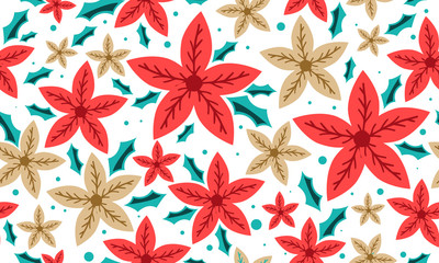 Beautiful red flower for Christmas, with seamless leaf and floral pattern decor.