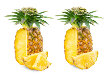 Fototapeta na wymiar .Pineapple full size sliced piece collection set. .Set of pineapple Fruit food on white isolated .Clipping path.