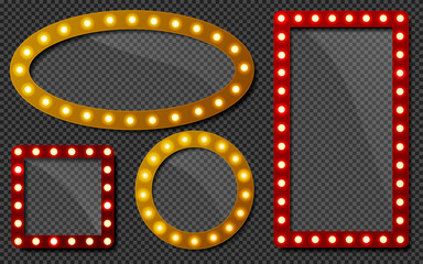 Makeup mirror. Circle and rectangle mirrors frame with light bulbs and mirrored reflection. Isolated vector set of mirror with bulb frame, vintage banner decoration glowing.