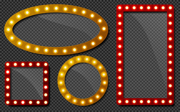 Makeup mirror. Circle and rectangle mirrors frame with light bulbs and mirrored reflection. Isolated vector set of mirror with bulb frame, vintage banner decoration glowing.