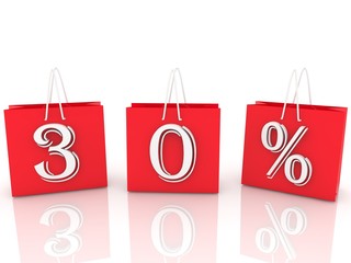 Red shopping bags with 30% discount on white background