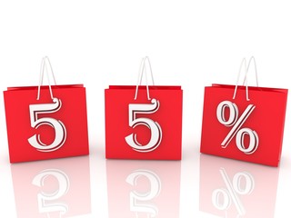 Red shopping bags with 55% discount on white background