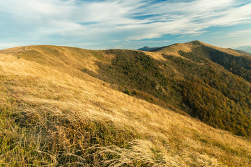 Fototapeta premium mountain ridge picturesque highland landscape spring time clear weather day wallpaper background scenic view, copy space for your text