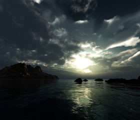 Dramatic sunset over the sea, ocean sunrise among the rocks, stones in the water at sunset, 3D rendering