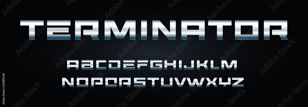 Poster metallic letters geometric square alphabet heavy bold font with steel texture futuristic typography 