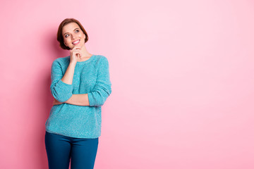 Portrait of her she nice attractive lovely cheerful cheery brown-haired girl thinking creating new solution strategy life opinion point of view isolated over pink pastel color background