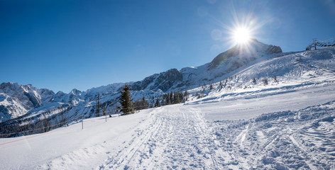 idyllic winter walkway with view to alpspitze mountain, upper bavaria