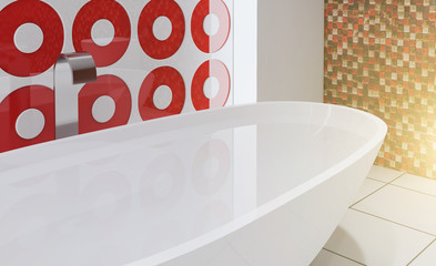 Bathroom with red and white tiles. Round decors on the walls.  hung toilet. modern bath furniture.. 3D rendering