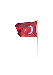 turkish flag on flagpole waving in the wind isolated on white background